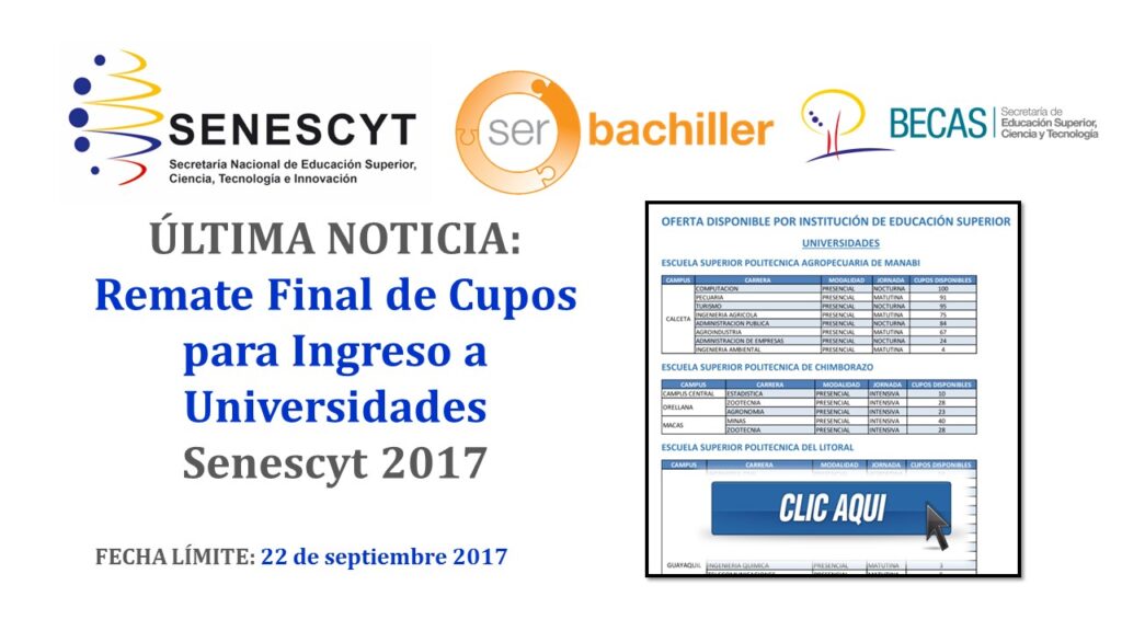 ÚLTIMA NOTICIA: Remate Final de Cupos para Ingreso a Universidades – Senescyt 2017