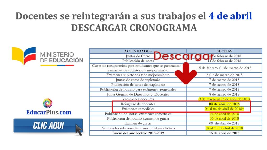 Docentes se reintegrarán a sus trabajos el 4 de abril - Descargar Cronograma