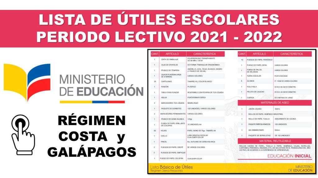 Lista de Útiles Escolares Régimen Costa 2021 - 2022